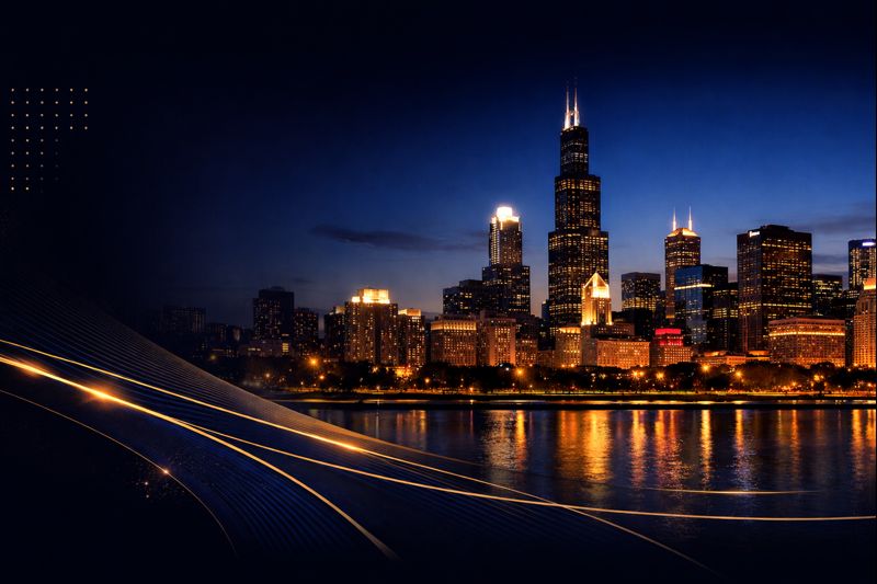Chicago skyline at night reflecting on Lake Michigan, modern web design hero background for a Chicago web design agency